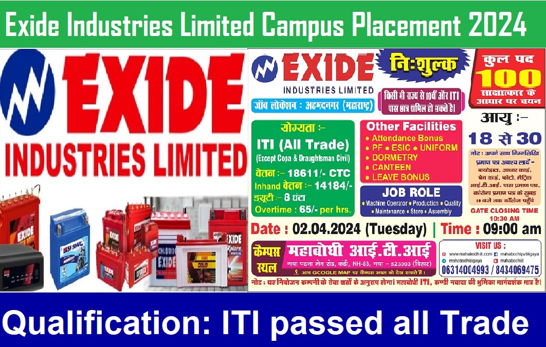 Exide Industries Limited Campus Placement 2024
