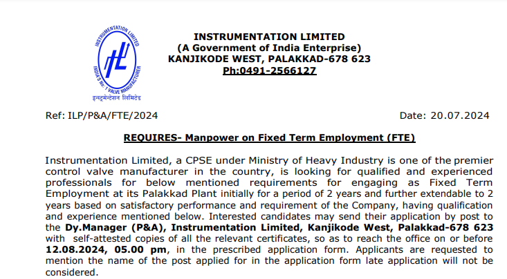 Instrumentation Limited Recruitment 2024